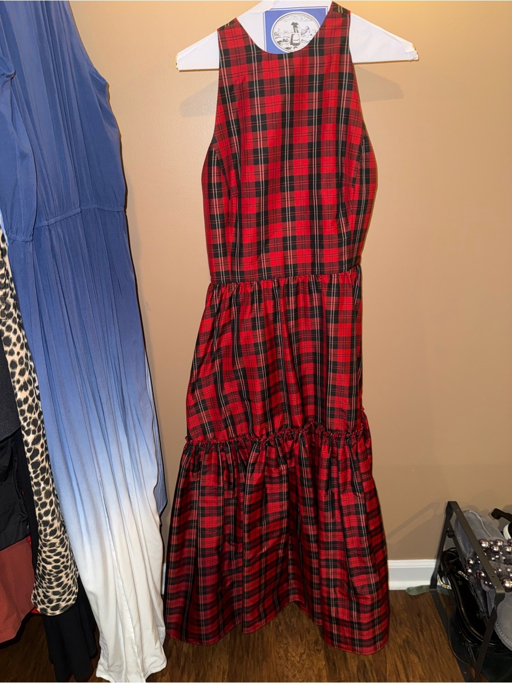 Polo by Ralph Lauren Red and Black Plaid Halter Top Tiered Backless Maxi Dress